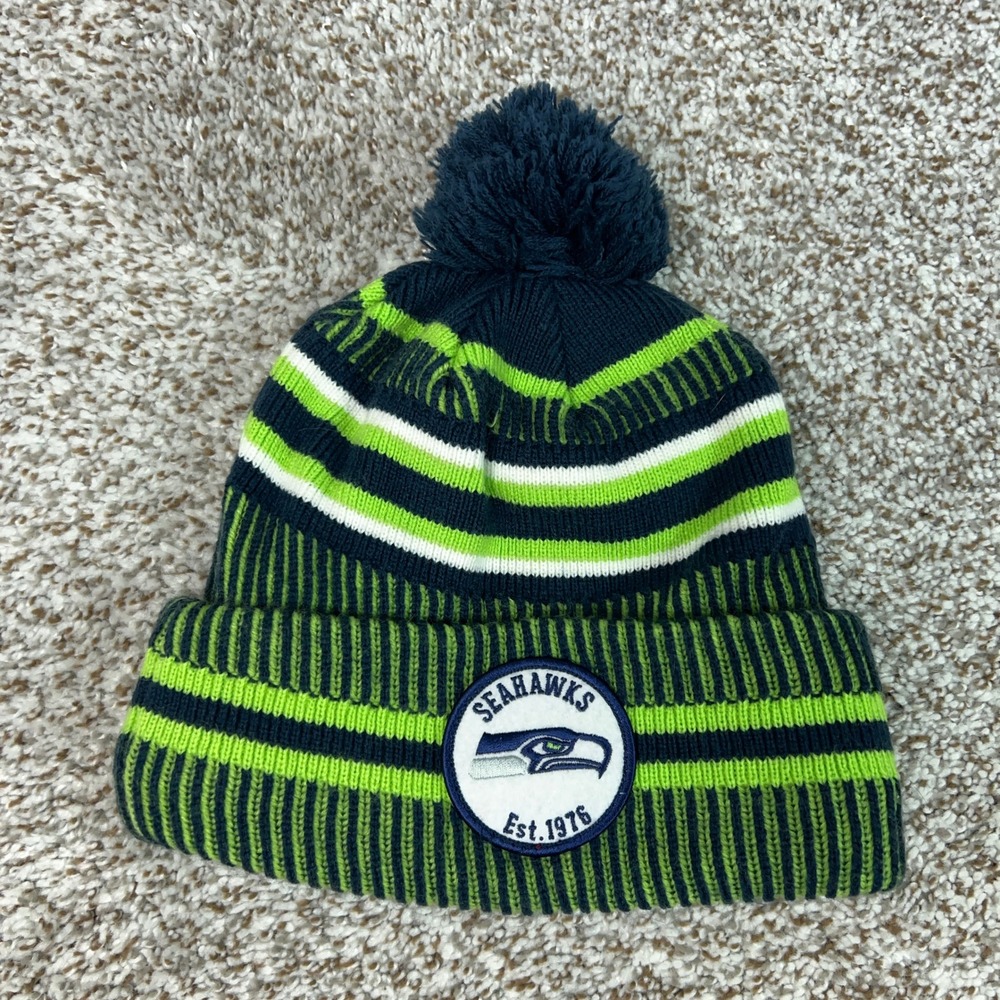 Seattle Seahawks Hat Mens One Size Blue Green Winter Pom Beanie NFL Football